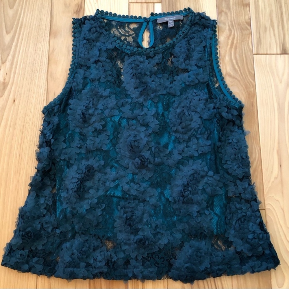Anthropologie Blue Tassel Floral Semi
Sheer Sleeveless Top